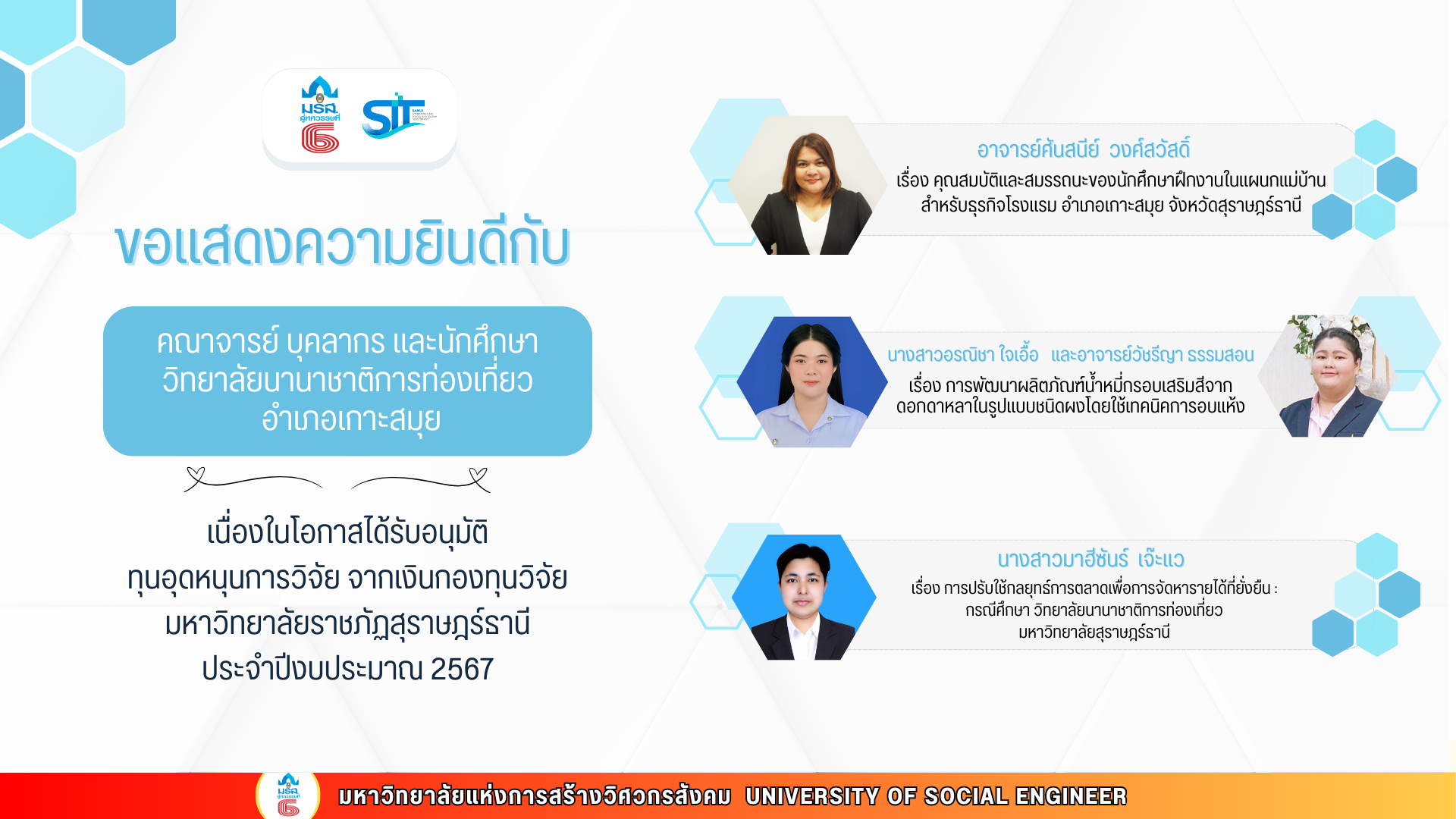 คณาจารย์ บุคลากร และนักศึกษา ทุนอุดหนุนการวิจัย จากเงินกองทุนวิจัย มรส.